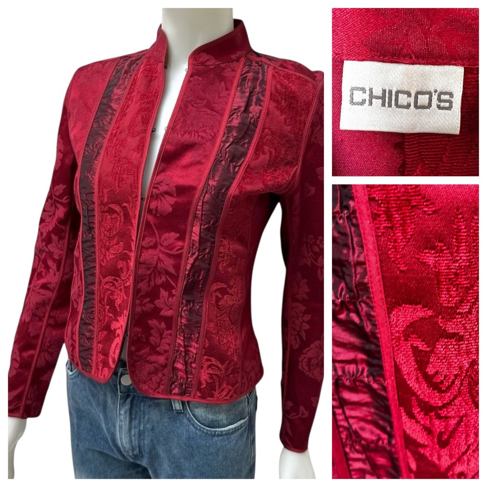 Chicos Red Jacquard Mandarin Collar Jacket Preppy Military Victorian Damask Sz S